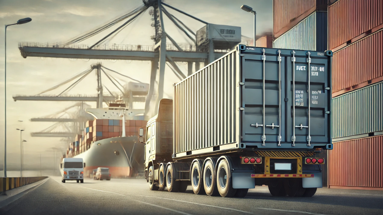 Container og lastbil ved havn, symboliserer logistik og levering, relateret til handelsbetingelser.