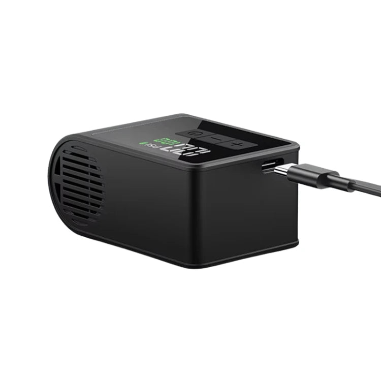 Bikeair elektrisk cykelpumpe med digitalt display vises under opladning via USB-C kabel til genopladeligt batteri.