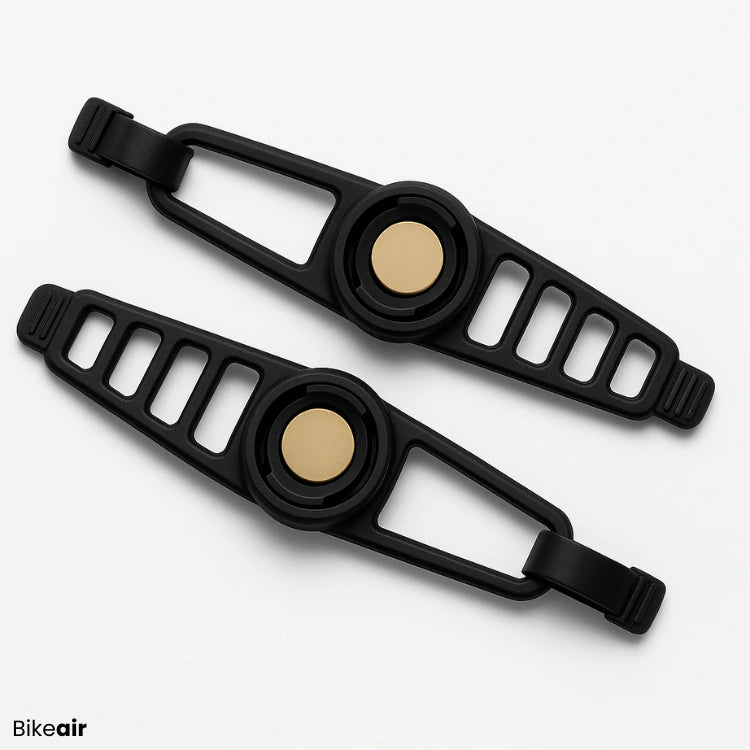To sorte Bikeair Light Straps med guldcenter – ekstra gummistropper til Bikeair Mini Lights.