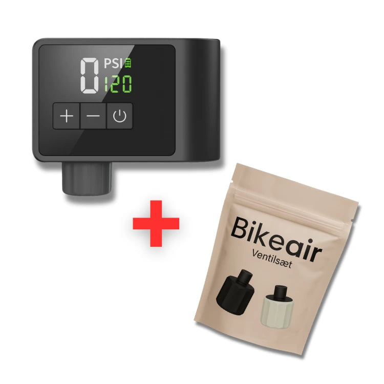 Bikeair elektrisk cykelpumpe med ekstra ventilsæt (Presta og Schrader) – komplet pakke til alle dæk.