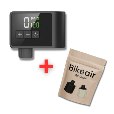 Bikeair elektrisk cykelpumpe med ekstra ventilsæt (Presta og Schrader) – komplet pakke til alle dæk.