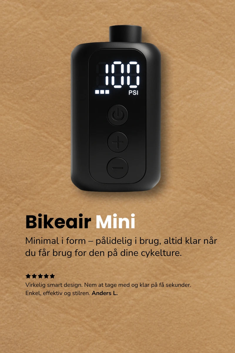 Bikeair Mini elektrisk cykelpumpe vist i hero-format til mobil – kompakt, pålidelig og altid klar til cykelturen.