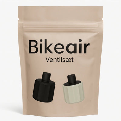 Bikeair ventilsæt – sorte og lyse ventiladaptere til elektrisk pumpe.